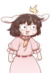  /\/\/\ 1girl animal_ears blush brown_eyes brown_hair carrot carrot_necklace clenched_hands dress eyebrows_visible_through_hair hair_between_eyes inaba_tewi open_mouth pink_dress poronegi puffy_short_sleeves puffy_sleeves rabbit_ears short_hair short_sleeves simple_background solo surprised sweat sweatdrop touhou white_background wide-eyed 