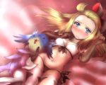  1girl ahoge bikini blonde_hair blue_eyes blush bow bravely_default:_flying_fairy bravely_default_(series) breasts closed_mouth commentary_request edea_lee elbow_gloves gloves grimjin hair_bow long_hair looking_at_viewer navel simple_background swimsuit thigh-highs 