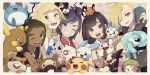  2girls 3boys :d ^_^ alolan_form alolan_raichu alolan_rattata alolan_sandshrew bangs bidoof black_eyes black_hair blonde_hair bob_cut braid brown_hair closed_eyes creature cyndaquil dark_skin dedenne emolga falling gen_1_pokemon gen_2_pokemon gen_3_pokemon gen_4_pokemon gen_5_pokemon gen_6_pokemon gen_7_pokemon gen_8_pokemon gladio_(pokemon) green_eyes hair_over_one_eye happy hau_(pokemon) highres holding holding_pokemon legendary_pokemon long_hair looking_at_viewer marill minccino minun miu_(miuuu_721) mizuki_(pokemon) morpeko multiple_boys multiple_girls one_eye_closed open_mouth patrat pikachu plusle pokemon pokemon_(creature) pokemon_(game) pokemon_on_head pokemon_on_shoulder pokemon_sm shaymin shirt short_hair signature smile togedemaru you_(pokemon) 