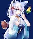  1girl absurdres alternate_costume animal_ears blue_background blue_eyes blush commentary_request corn fox_ears fox_shadow_puppet hair_ornament highres hololive japanese_clothes kimono long_hair mizuki_(lvo0x0ovl) open_mouth shirakami_fubuki silver_hair simple_background solo virtual_youtuber 