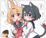  /\/\/\ 2girls :3 alternate_costume animal_ears black_hair blonde_hair blue_eyes blush bow bowtie candy cat_ears cat_tail commentary_request extra_ears eyebrows_visible_through_hair fang flying_sweatdrops food food_in_mouth kaban_(kemono_friends) kemono_friends long_sleeves looking_at_viewer multicolored_hair multiple_girls no_hat no_headwear pleated_skirt ransusan red_bow red_neckwear sailor_collar school_uniform serafuku serval_(kemono_friends) serval_ears serval_print serval_tail short_hair skirt sweatdrop tail tail_bow translated yellow_eyes 