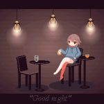  1girl animated animated_gif bangs bare_legs barefoot brown_hair chair cup drawstring english_text hood hoodie ice ice_cube looping_animation lowres original pixel_art short_hair sidelocks sipping sitting solo sotie swinging_legs table 