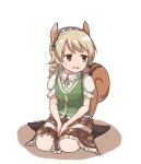  1girl @_@ animal_ears between_legs black_legwear brown_eyes drill_hair earrings frilled_skirt frills full_body hairband hand_between_legs highres idolmaster idolmaster_cinderella_girls jewelry kemonomimi_mode light_brown_hair looking_to_the_side morikubo_nono niboshi_gyunyu no_shoes puffy_short_sleeves puffy_sleeves short_sleeves sitting skirt socks solo squirrel_ears squirrel_tail tail tears vest wariza wavy_mouth 