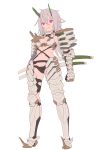  1girl absurdres armor bikini_armor black_panties boots breasts closed_mouth full_body gauntlets grey_hair hair_between_eyes highres horns japanese_armor long_hair looking_at_viewer medium_breasts multiple_swords nagisa_kurousagi navel original panties pink_eyes simple_background solo spiked_boots underwear weapon weapon_on_back white_background 