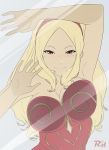  1girl absurdres against_glass bare_shoulders blonde_hair blush breast_press breasts breasts_on_glass closed_mouth dark_skin dress gravity_daze hairband highres kitten_(gravity_daze) large_breasts long_hair looking_at_viewer r3dfive red_eyes simple_background smile solo strapless 