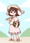 1girl animal_ears bandaid bandaid_on_knee baseball_bat brown_eyes brown_hair bush carrot_necklace carrying_over_shoulder carrying_under_arm clouds commentary dress eyebrows_visible_through_hair food fruit full_body highres holding holding_food holding_fruit inaba_tewi metal_baseball_bat open_mouth outdoors pink_dress poronegi puffy_short_sleeves puffy_sleeves rabbit_ears sandals shadow short_hair short_sleeves slippers solo standing touhou watermelon 