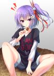  1girl alternate_costume collarbone commentary_request eating flower hair_flower hair_ornament kakeyu looking_at_viewer red_eyes shirt shorts simple_background sitting solo spread_legs tenjin_kotone tenjin_kotone_(channel) virtual_youtuber 