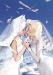  3d blonde_hair bride digiplant dress grey_hair highres original wedding wedding_dress white_hair yuri 