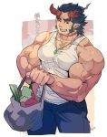  1boy absurdres bag bara beard biceps black_hair chest facial_hair fang highres horns jewelry looking_at_viewer male_focus muscle necklace one_eye_closed pants pectorals rybiokaoru scar shopping_bag simple_background smile solo takemaru_(tokyo_houkago_summoners) tank_top teeth tokyo_houkago_summoners 