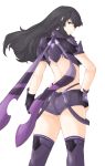  1girl ass ayra_(fire_emblem) back backless_outfit black_hair breasts butt_crack closed_mouth curvy facing_back fingerless_gloves fire_emblem fire_emblem:_genealogy_of_the_holy_war fire_emblem_heroes frown gloves hair_between_eyes hand_on_hip highres large_breasts long_hair looking_at_viewer looking_back short_shorts shorts solo strap suspenders suspenders_hanging thick_thighs thigh-highs thighs transparent_background tridisart violet_eyes wide_hips xenoblade_(series) xenoblade_2 