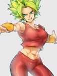  1girl abs armpit_peek arms_at_sides bracelet breasts clenched_teeth collarbone cowboy_shot crop_top dragon_ball dragon_ball_super earrings eyelashes fingernails frown green_eyes green_hair grey_background grin head_tilt jewelry kefla_(dragon_ball) kemachiku large_breasts looking_away midriff muscle muscular_female outstretched_arms pants parted_lips potara_earrings red_pants short_hair simple_background sleeveless smile solo spiky_hair stomach super_saiyan teeth v-shaped_eyebrows very_short_hair 