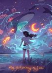  1girl artist_name barefoot black_hair black_shorts clouds constellation crescent_moon elentori english_commentary english_text fish floating_hair flower flying_whale from_behind glowing grass hair_flower hair_ornament highres holding horizon long_hair moon night night_sky ocean original outdoors petals qinni_(artist) shirt short_shorts short_sleeves shorts signature sky solo standing water whale white_shirt wind 