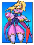  1girl absurdres android arm_cannon blonde_hair blue_background blue_eyes blush breasts crown dakusuta full_body heart high_heels high_ponytail highres long_hair super_mario_bros. princess_peach rockman rockman_x simple_background smile solo super_mario_bros. weapon 