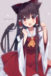  1girl :o animal_ears artist_name ascot bangs black_hair blush bow cat_ears cat_tail collarbone commentary eyebrows_visible_through_hair fang flying_sweatdrops frilled_bow frilled_shirt_collar frills grey_background hair_between_eyes hair_bow hair_tubes hakurei_reimu hands_up highres kemonomimi_mode long_hair looking_at_viewer momomaron open_mouth paw_pose petticoat red_bow red_eyes red_skirt sidelocks simple_background skin_fang skirt skirt_set solo tail touhou twitter_username yellow_neckwear 