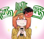  1girl :t bangs blush brown_hoodie character_mask closed_eyes closed_mouth eating ehoumaki eyebrows_behind_hair facing_viewer food go-toubun_no_hanayome green_ribbon hair_between_eyes hair_ribbon holding holding_food hood hood_down hoodie kujou_karasuma makizushi mask mask_on_head nakano_yotsuba oni_mask orange_hair ribbon solo sparkle sushi translated uesugi_fuutarou wavy_mouth 