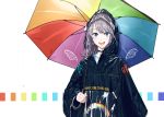  blue_eyes blush candy chobe_2 earrings eyebrows_visible_through_hair food grey_hair highres holding holding_umbrella jewelry lollipop long_sleeves looking_at_viewer medium_hair open_mouth original raincoat smile teeth umbrella yellow_nails 