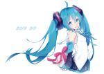  1girl 39 2019 :d ahoge arm_ribbon arms_behind_back bare_shoulders black_skirt blue_eyes blue_hair blue_ribbon box breasts chuuko_anpu detached_sleeves eyebrows_visible_through_hair fingernails floating_hair gift gift_box hair_between_eyes hatsune_miku head_tilt highres holding holding_box long_hair looking_at_viewer looking_back open_mouth own_hands_together pink_ribbon pleated_skirt ribbon shirt sideboob sidelocks simple_background skirt sleeveless sleeveless_shirt small_breasts smile solo teeth twintails upper_body upper_teeth very_long_hair vocaloid white_background white_shirt 
