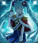  1girl ;d ahoge bangs blue_eyes blue_hair blue_skirt capelet cowboy_shot floating_hair fur-trimmed_capelet fur_trim hair_between_eyes hatsune_miku highres holding_microphone_stand kuma_9180 long_hair looking_at_viewer miniskirt one_eye_closed open_mouth pleated_skirt red_capelet shiny shiny_hair skirt smile solo spotlight stage standing twintails very_long_hair vocaloid 