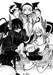  1boy 4girls absurdres bat_wings black_bra black_sweater black_wings bra breasts chiharu_(musuko_ga_kawaikute_shikatanai_mazoku_no_hahaoya) coat demon_girl demon_horns demon_tail demon_wings dress family gospel_(musuko_ga_kawaikute_shikatanai_mazoku_no_hahaoya) happy head_wings highres hood hoodie horns juugoya_(zyugoya) lizette_(musuko_ga_kawaikute_shikatanai_mazoku_no_hahaoya) lorem_(musuko_ga_kawaikute_shikatanai_mazoku_no_hahaoya) merii_(musuko_ga_kawaikute_shikatanai_mazoku_no_hahaoya) monochrome multiple_girls musuko_ga_kawaikute_shikatanai_mazoku_no_hahaoya raincoat ribbed_sweater sweater sweater_dress tail underwear white_wings wings 