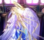  1girl angel_wings dress fierte grey_eyes halo indoors long_hair profile solo standing sukumo_(kemutai) very_long_hair white_dress white_wings wings z/x 