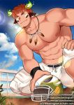  1boy animal_ears armpit_hair bangs bara beard blue_eyes bracelet brown_hair chest clear_sky facial_hair feathers forked_eyebrows glowing_horns helmet horns jewelry kienbiu male_focus muscle native_american nipples pectorals shirt shorts sideburns simple_background smile solo sportswear squatting thick_eyebrows tokyo_houkago_summoners wakan_tanka 