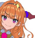  1girl ahoge bangs closed_mouth dragon_horns face fang fang_out hairband highres hololive horns kiryuu_coco long_hair looking_at_viewer meme50 orange_hair red_eyes simple_background skin_fang smile solo virtual_youtuber white_background 