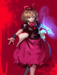  1girl \n/ black_shirt blonde_hair blue_eyes blue_fire bow bowtie burning_hand closed_mouth feet_out_of_frame fire hair_ribbon inishie_kumo looking_at_viewer medicine_melancholy pink_skirt puffy_short_sleeves puffy_sleeves red_background red_neckwear red_ribbon ribbon shirt short_hair short_sleeves simple_background skirt smile solo standing touhou wristband 