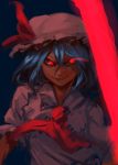  1girl ascot bangs blue_hair collared_shirt crossed_bangs evil_grin evil_smile glowing glowing_eyes grin hair_between_eyes hat inishie_kumo looking_at_viewer parted_lips pillow_hat red_neckwear remilia_scarlet shirt short_hair smile solo touhou upper_teeth white_shirt wing_collar 