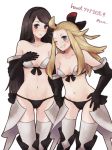  2girls agnes_oblige ahoge blonde_hair blue_eyes blush bow bravely_default:_flying_fairy bravely_default_(series) breasts chizu_(fiute) commentary_request edea_lee elbow_gloves gloves hair_bow long_hair looking_at_viewer multiple_girls simple_background smile thigh-highs white_background 