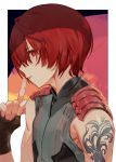  1boy arm_tattoo bangs black_gloves commentary_request eyebrows_visible_through_hair fate_(series) finger_to_mouth fingerless_gloves fuuma_kotarou_(fate/grand_order) gloves grey_shirt hand_up index_finger_raised kodama_(wa-ka-me) looking_at_viewer male_focus parted_lips red_background red_eyes redhead shadow shirt short_hair shoulder_pads shushing sidelocks sideways_glance sleeveless sleeveless_shirt solo tattoo upper_body white_background 