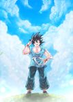  1boy ^_^ abs black_footwear black_hair blue_sky blurry bokeh chest clenched_hand closed_eyes clouds cloudy_sky commentary_request day depth_of_field dougi dragon_ball dragon_ball_z floating_hair full_body grass hand_on_hip highres hill legs_apart male_focus mattari_illust muscle open_mouth outdoors salute shadow sky son_gokuu spiky_hair standing sunlight teeth twitter_username upper_teeth wind wind_lift wristband 