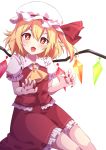  1girl arms_up blonde_hair blush bright_pupils claw_pose commentary_request cropped_legs eyebrows_visible_through_hair fang fingernails flandre_scarlet frilled_shirt_collar frills hair_between_eyes hat hat_ribbon head_tilt highres looking_at_viewer mob_cap one_side_up open_mouth partial_commentary puffy_short_sleeves puffy_sleeves red_eyes red_nails red_skirt red_vest ribbon sharp_fingernails shirt short_hair short_sleeves simple_background sitting skin_fang skirt skirt_set solo touhou tsukimirin vest white_background white_headwear white_pupils white_shirt wings 