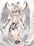 1girl android angel angel_wings arms_at_sides blonde_hair commentary_request eyebrows_visible_through_hair feathers gold_trim headgear highres i.takashi long_hair looking_at_viewer navel original robot_joints signature smile violet_eyes wings 
