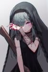  1girl arm_tattoo blood closed_mouth collarbone eyebrows_visible_through_hair eyes_visible_through_hair fingernails gradient gradient_background grey_hair hair_over_one_eye hand_tattoo highres long_hair oota_youjo original see-through solo tattoo veil violet_eyes 