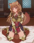  1girl absurdres animal_ear_fluff animal_ears artist_name bangs blush boots breasts brown_footwear brown_hair brown_legwear commentary eyebrows_visible_through_hair highres kneeling long_hair long_sleeves looking_at_viewer raccoon_ears raccoon_girl raccoon_tail raphtalia red_eyes shellvi smile solo tail tate_no_yuusha_no_nariagari thigh-highs 