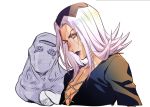  2boys black_lipstick grey_eyes grey_hair hat jojo_no_kimyou_na_bouken katou_teppei leone_abbacchio lipstick long_hair makeup male_focus moody_blues_(stand) multiple_boys stand_(jojo) 