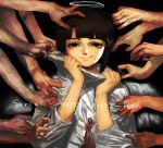  1girl asymmetrical_hair brown_hair commentary_request hair_ornament hairclip halo hands highres iwakura_lain looking_at_viewer multiple_boys serial_experiments_lain short_hair smile solo_focus 