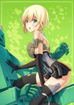  1girl :o bare_shoulders black_gloves black_legwear blonde_hair blush commentary_request dress elbow_gloves frame_arms_girl gloves gourai green_background green_eyes hand_on_another&#039;s_chest highres looking_at_viewer looking_to_the_side microdress open_mouth pinakes robot short_hair shoulder_blades skindentation sleeveless straddling thigh-highs thighs 