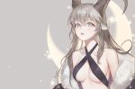  1girl animal_ears bangs bare_shoulders blush breasts collarbone commentary_request crescent criss-cross_halter goat_ears goat_horns grey_background grey_eyes hair_between_eyes halterneck highres long_hair looking_at_viewer medium_breasts mokomaru original parted_lips sidelocks signature silver_hair simple_background solo upper_body 