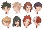  2girls 6+boys :d asui_tsuyu bakugou_katsuki bangs blonde_hair blue_eyes blue_hair boku_no_hero_academia brown_eyes brown_hair burn_scar collared_shirt facial_scar freckles glasses green_eyes green_hair heterochromia highres iida_tenya kaminari_denki kirishima_eijirou long_hair looking_at_viewer looking_back looking_to_the_side midoriya_izuku multicolored_hair multiple_boys multiple_girls open_mouth rectangular_eyewear red_eyes redhead ryota_(ry_o_ta) scar sharp_teeth shirt sidelocks smile spiky_hair streaked_hair teeth todoroki_shouto two-tone_hair upper_body uraraka_ochako white_background white_shirt yellow_eyes 