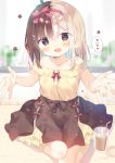  1girl :d ahoge bangs bare_shoulders bendy_straw blurry blurry_background blush bow brown_eyes brown_hair brown_legwear brown_skirt collarbone commentary_request cup depth_of_field drinking_glass drinking_straw eyebrows_visible_through_hair hair_between_eyes hair_bow hairband looking_at_viewer off-shoulder_shirt off_shoulder open_mouth original red_bow red_hairband red_ribbon ribbed_legwear ribbon shirt skirt sleeveless sleeveless_shirt smile solo striped striped_bow striped_hairband translated window yellow_shirt yuizaki_kazuya 