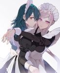  2girls alternate_costume apron bangs black_dress blue_hair bow breast_press breasts byleth_(fire_emblem) byleth_eisner_(female) cowboy_shot dress edelgard_von_hresvelg enmaided fire_emblem fire_emblem:_three_houses highres hug lips long_sleeves looking_at_viewer looking_back maid maid_apron maid_headdress medium_breasts multiple_girls parted_bangs pink_eyes profile puffy_long_sleeves puffy_sleeves pullssack silver_hair simple_background symmetrical_docking violet_eyes white_background wrist_cuffs 
