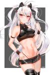  1girl absurdres antenna_hair azur_lane bangs border breasts cowboy_shot grey_background highleg highleg_panties highres large_breasts multicolored_hair navel panties prinz_eugen_(azur_lane) red_eyes red_panties short_shorts shorts sideboob silver_hair smile swept_bangs thighs two_side_up under_boob underwear white_border yukineko1018 