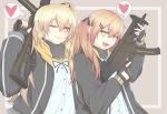  2girls :d bangs black_gloves black_jacket black_ribbon blonde_hair commentary_request cube85 eyebrows_visible_through_hair fang fingerless_gloves girls_frontline gloves grey_background grin gun hair_between_eyes hair_ornament hair_ribbon hairclip hand_up heart highres holding holding_gun holding_weapon jacket long_hair long_sleeves looking_at_viewer multiple_girls one_eye_closed one_side_up open_clothes open_jacket open_mouth outside_border ribbon rifle scar scar_across_eye shirt sidelocks simple_background smile spoken_heart submachine_gun trigger_discipline ump45_(girls_frontline) ump9_(girls_frontline) upper_body weapon white_shirt yellow_eyes 