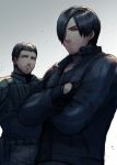  2boys bangs brown_hair bulletproof_vest chris_redfield crossed_arms facial_hair fingerless_gloves frown gloves haneten_kagatsu jacket leon_s_kennedy male_focus multiple_boys parted_bangs resident_evil resident_evil_vendetta short_hair stubble zipper 