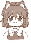  1girl :3 animal_ear_fluff animal_ears blush_stickers bow bowtie cat_ears chen closed_mouth eyebrows_visible_through_hair hat jewelry looking_at_viewer monochrome pillow_hat poronegi portrait short_hair simple_background single_earring smile solo touhou vest white_background 