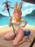  1girl animal_ears bangs beach blue_sky breasts commission day eyewear_on_head final_fantasy final_fantasy_xiv hair_ornament heterochromia high_heels highres holding holding_staff kneeling large_breasts leg_garter lips long_hair looking_at_viewer nguyen_uy_vu one-piece_swimsuit outdoors parted_lips rabbit_ears sky solo staff sunglasses swept_bangs swimsuit tan tanline viera wet 