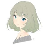  1girl bangs bare_shoulders blue_eyes blush collarbone cropped_torso eyebrows_visible_through_hair green_hair idolmaster idolmaster_cinderella_girls looking_at_viewer looking_to_the_side mole mole_under_eye off_shoulder parted_lips short_hair simple_background solo takagaki_kaede upper_body ushi white_background 