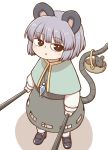  1girl animal_ears basket black_eyes black_footwear eyebrows_visible_through_hair from_side green_capelet grey_hair grey_skirt highres holding_stick jewelry long_sleeves looking_at_viewer mouse mouse_ears mouse_tail nazrin necklace poronegi prehensile_tail shoes short_hair skirt solo standing tail touhou 