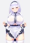  1girl :o absurdres anchor_choker anchor_necklace apron arm_up azur_lane bangs black_hairband black_panties black_skirt blunt_bangs breasts center_frills choker commentary_request cowboy_shot dido_(azur_lane) earrings eyebrows_visible_through_hair frilled_apron frilled_choker frilled_skirt frills hairband highres jewelry kanade_pa lace-trimmed_hairband large_breasts lifted_by_self long_hair maid_apron panties parted_lips pulled_by_self revision shirt side-tie_panties silver_hair simple_background skirt skirt_lift sleeveless sleeveless_shirt solo strap_pull thigh-highs under_boob underboob_cutout underwear violet_eyes waist_apron white_apron white_background white_legwear white_shirt 